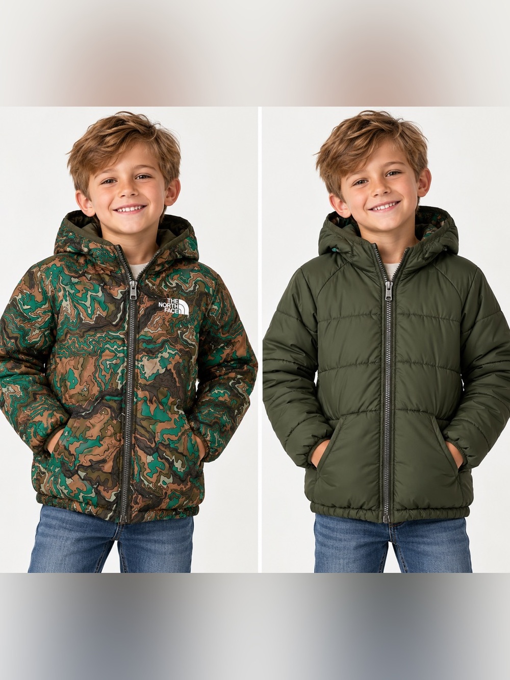 The North Face Kids 6T Reversible Puffer Jacket Green Topographic Camo F22